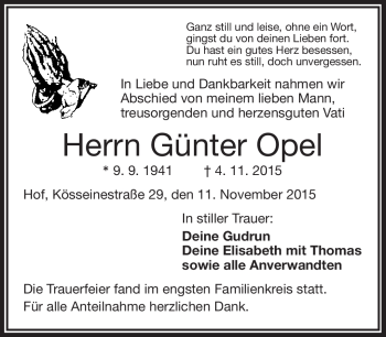 Traueranzeige von Günter Opel von Frankenpost