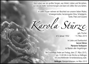 Traueranzeige von Karola Stürze von Südthüringer Presse