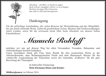 Traueranzeige von Manuela Rohloff von Südthüringer Presse