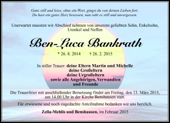 Traueranzeige von Ben-Luca Bankrath von Südthüringer Presse