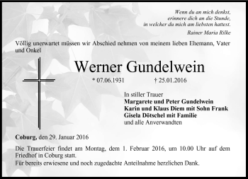 Traueranzeige von Werner Gundelwein von Neue Presse Coburg