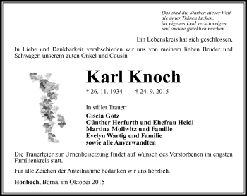 Traueranzeige von Karl Knoch von Südthüringer Presse
