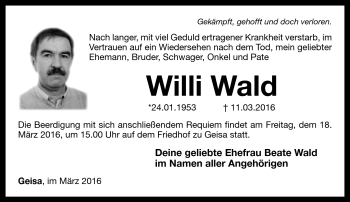 Traueranzeige von Willi Wald von Südthüringer Presse