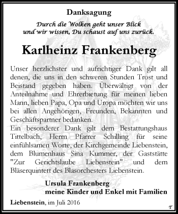 Traueranzeige von Karlheinz Frankenberg von Südthüringer Presse