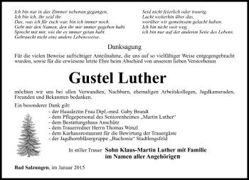 Traueranzeige von Gustel Luther von Südthüringer Presse