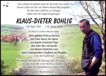 Traueranzeige von Klaus-Dieter Bohlig von Südthüringer Presse