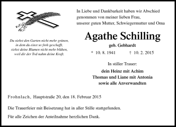 Traueranzeige von Agathe Schilling von Neue Presse Coburg