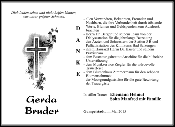Traueranzeige von gerda Bruder von Südthüringer Presse