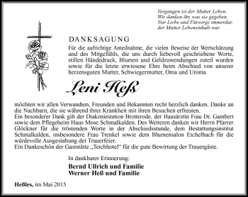 Traueranzeige von Leni Heß von Südthüringer Presse