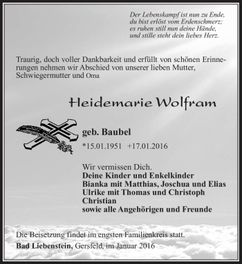 Traueranzeige von Heidemarie Wolfram von Südthüringer Presse