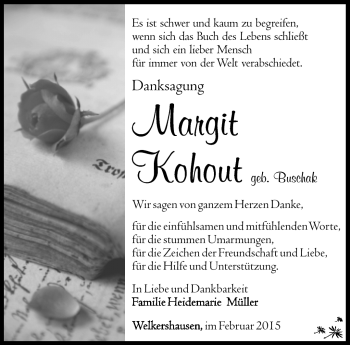 Traueranzeige von Margit Kohout von Südthüringer Presse