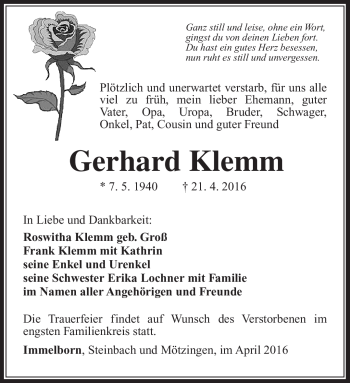 Traueranzeige von Gerhard Klemm von Südthüringer Presse