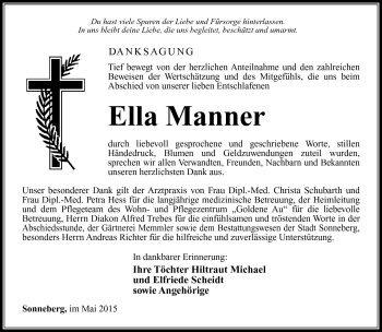 Traueranzeige von Ella Manner von Südthüringer Presse