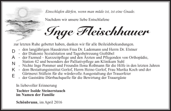 Traueranzeige von Inge Fleischhauer von Südthüringer Presse
