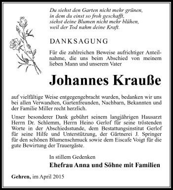 Traueranzeige von Johannes Krauße von Südthüringer Presse