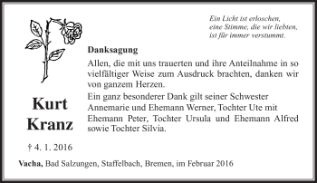 Traueranzeige von kurt Kranz von Südthüringer Presse