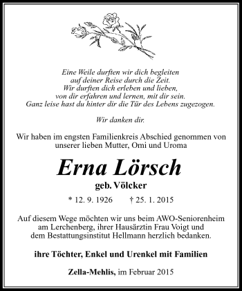Traueranzeige von Erna Lörsch von Südthüringer Presse