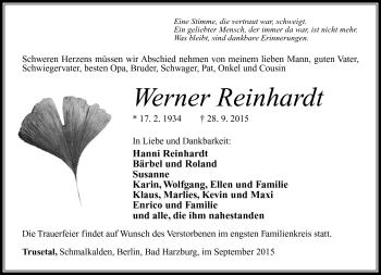 Traueranzeige von Werner Reinhardt von Südthüringer Presse