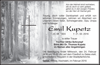Traueranzeige von Emil Kupetz von Südthüringer Presse