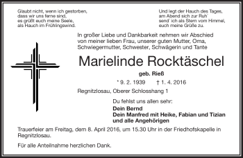Traueranzeige von Marielinde Rocktäschel von Frankenpost