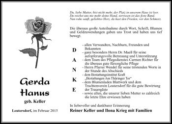 Traueranzeige von Gerda Hanus von Südthüringer Presse