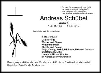 Traueranzeige von Andreas Schübel von Frankenpost