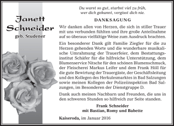 Traueranzeige von Janett Schneider von Südthüringer Presse
