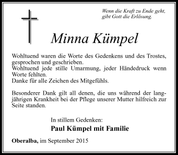 Traueranzeige von Minna Kümpel von Südthüringer Presse