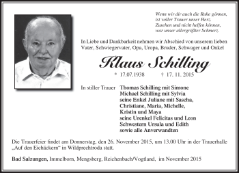 Traueranzeige von Klaus Schilling von Südthüringer Presse