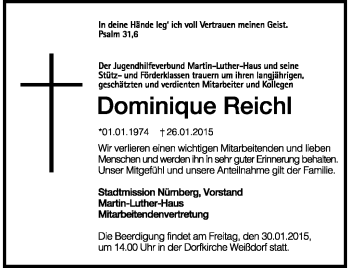 Traueranzeige von Dominique Reichl von Frankenpost