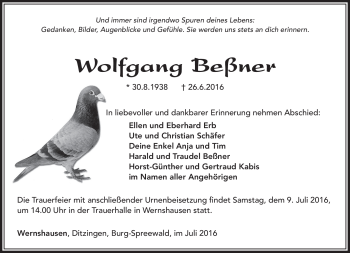 Traueranzeige von Wolfgang Beßner von Südthüringer Presse