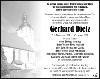 Traueranzeige von Gerhard Dietz von Südthüringer Presse