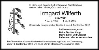 Traueranzeige von Irmgard Wilferth von Frankenpost