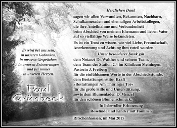Traueranzeige von Paul Grünbeck von Südthüringer Presse