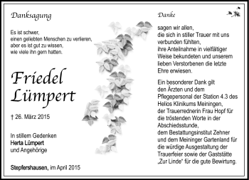Traueranzeige von Friedel Lümpert von Südthüringer Presse