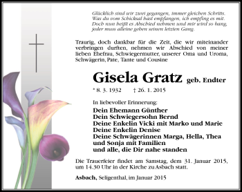 Traueranzeige von Gisela Gratz von Südthüringer Presse