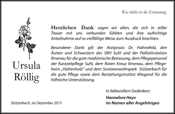 Traueranzeige von Ursula Röllig von Südthüringer Presse