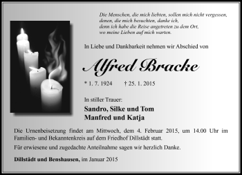 Traueranzeige von Alfred Bracke von Südthüringer Presse
