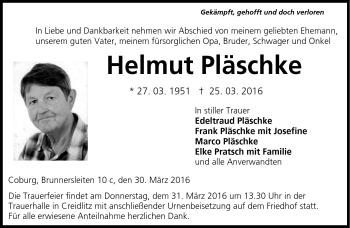 Traueranzeige von Helmut Pläschke von Neue Presse Coburg