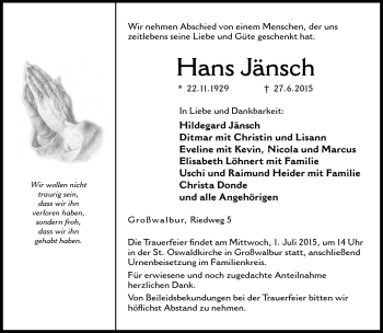 Traueranzeige von Hans Jänsch von Neue Presse Coburg