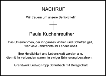 Traueranzeige von Paula Kuchenreuther von Frankenpost