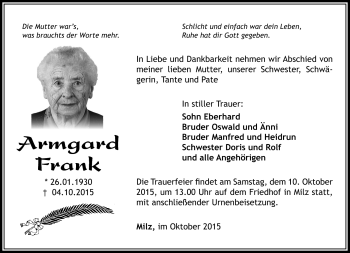 Traueranzeige von Armgard Frank von Südthüringer Presse