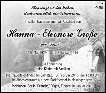 Traueranzeige von Hanna Große von Südthüringer Presse