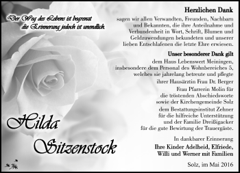 Traueranzeige von Hilda Sitzenstock von Südthüringer Presse