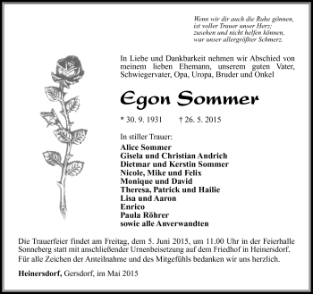 Traueranzeige von Egon Sommer von Südthüringer Presse