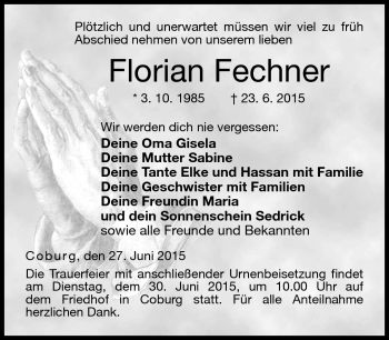 Traueranzeige von Florian Fechner von Neue Presse Coburg