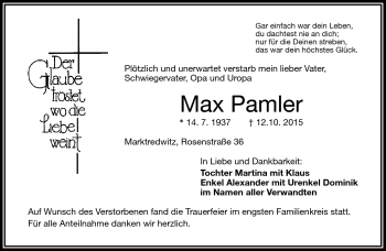 Traueranzeige von Max Pamler von Frankenpost