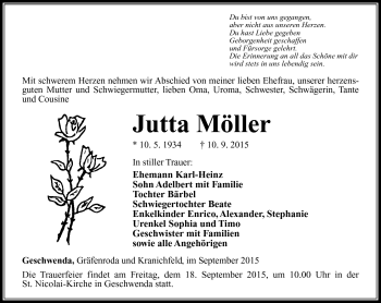 Traueranzeige von Jutta Möller von Südthüringer Presse