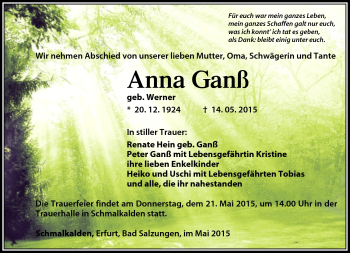 Traueranzeige von Anna Ganß von Südthüringer Presse