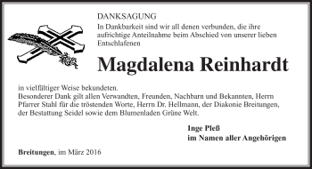 Traueranzeige von Magdalena Reinhardt von Südthüringer Presse